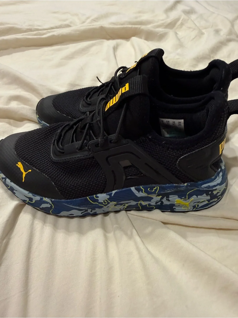 Puma Boys Black Athletic Sneakers Blue Camo Sole Shoes Size 2C Youth